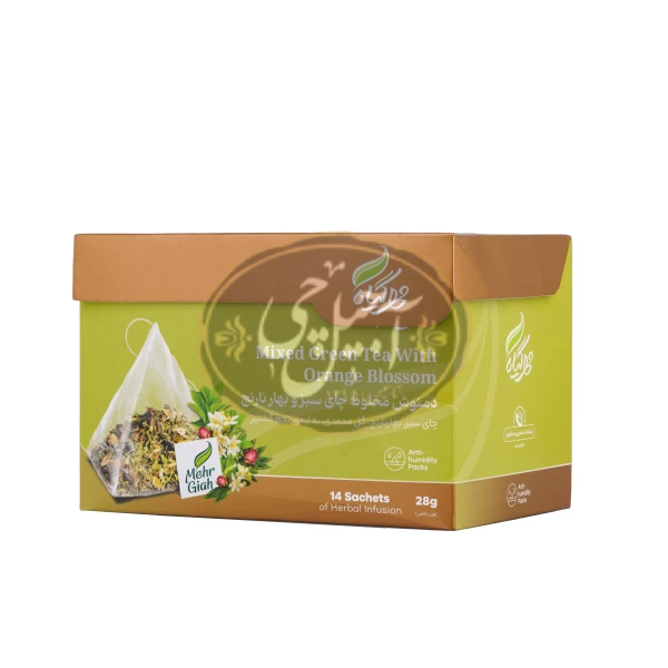 دمنوش مخلوط چای سبز و بهارنارنج بسته14عددی مهرگیاه